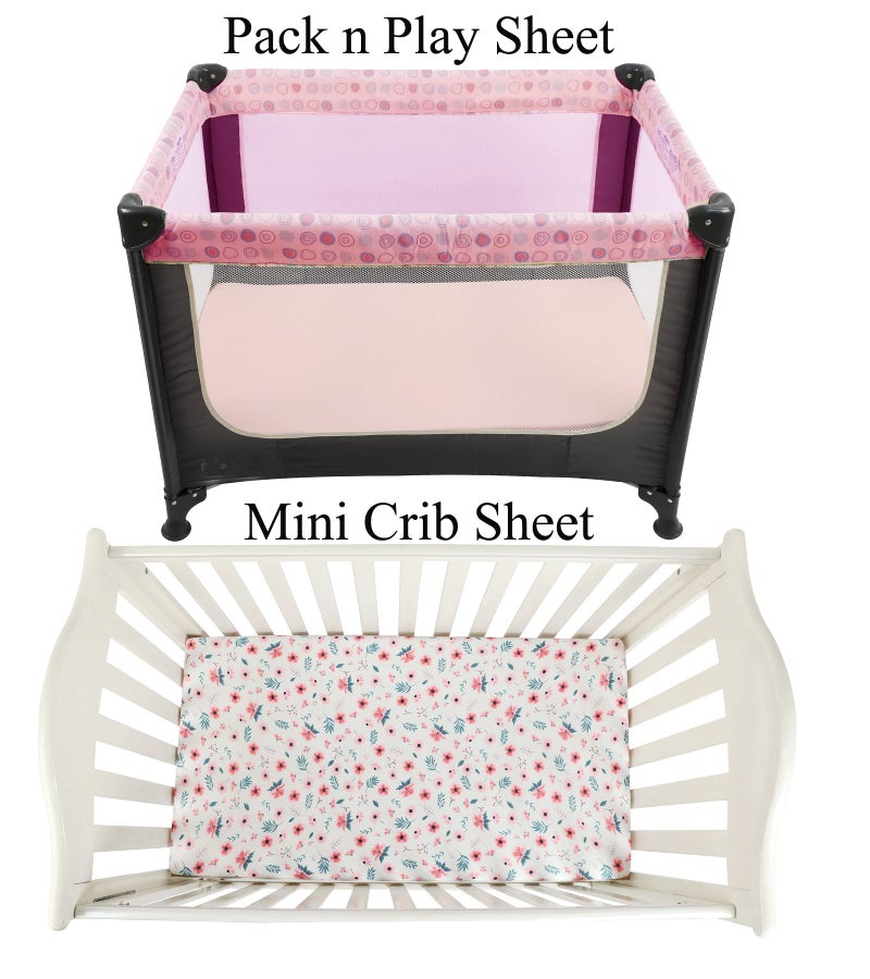 Tontukatu Pack n Play Sheet Stretchy Fitted Portable Mini Crib Sheets Set 3 Pack,Playard Sheets Convertible Playard Mattress Cover,Ultra Soft Jersey Material,Floral,Grey Rabbit & Pink - Image 2